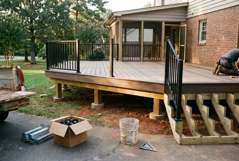 Composite boards, joist hangers and a box of hidden fasteners stacked on a driveway (sample photo)