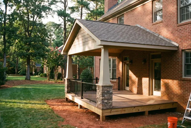 covered porch with gable roof tied into a brick two-story, Pineville (sample photo)