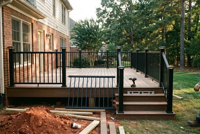 black aluminum railing and lighted post caps on composite stairs, Matthews (sample photo)