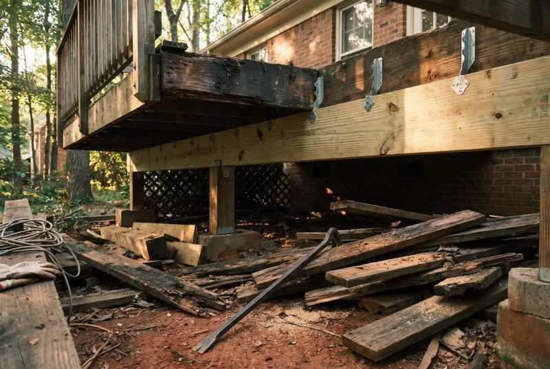 rotted joist being replaced under an older deck, Mint Hill (sample photo)