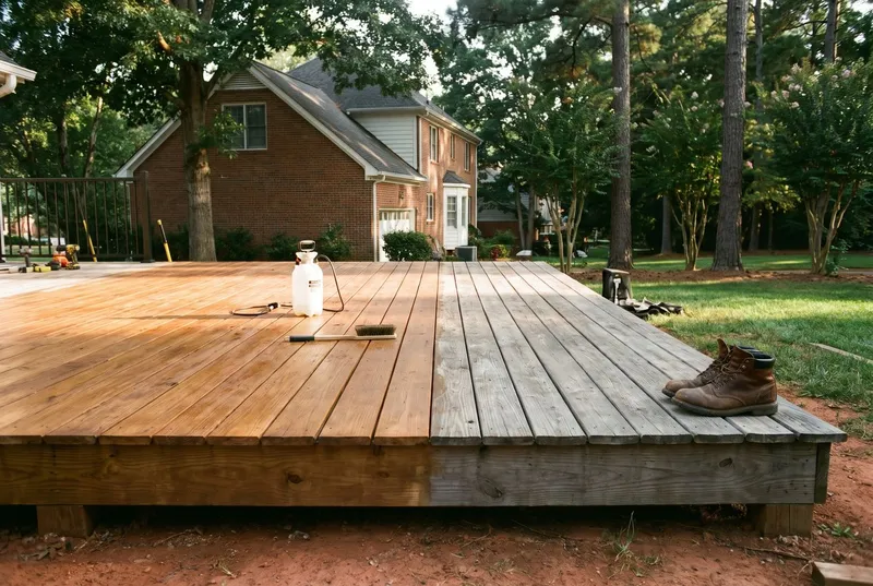 sprayer and back-brush on a freshly stained pine deck, Pineville (sample photo)