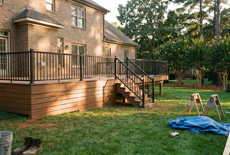 Composite deck with black aluminum rail behind a two-story brick home (sample photo)